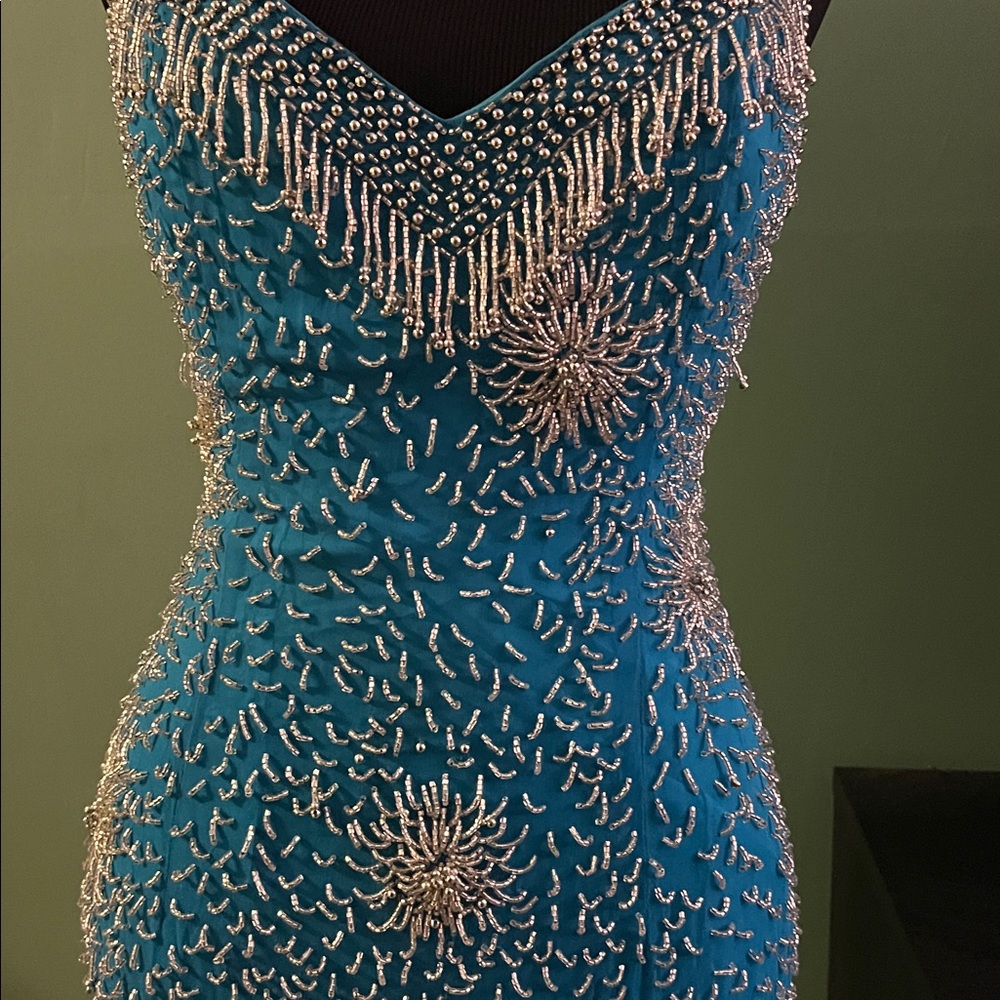 Blue Beaded Dress with Silver Accents - Picture 3 of 6